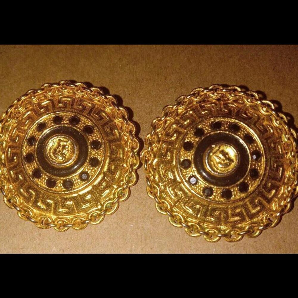 Vintage Gold Tone Spartan Trojan Black Rhinestone Statement Button Clip Earrings